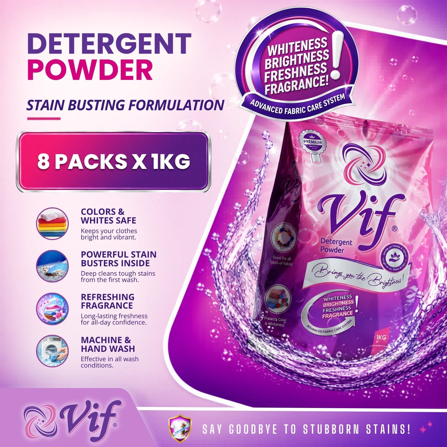 VIF Detergent Powder 1kg pack with stain‑removal formula and bright pink‑purple packaging front view.