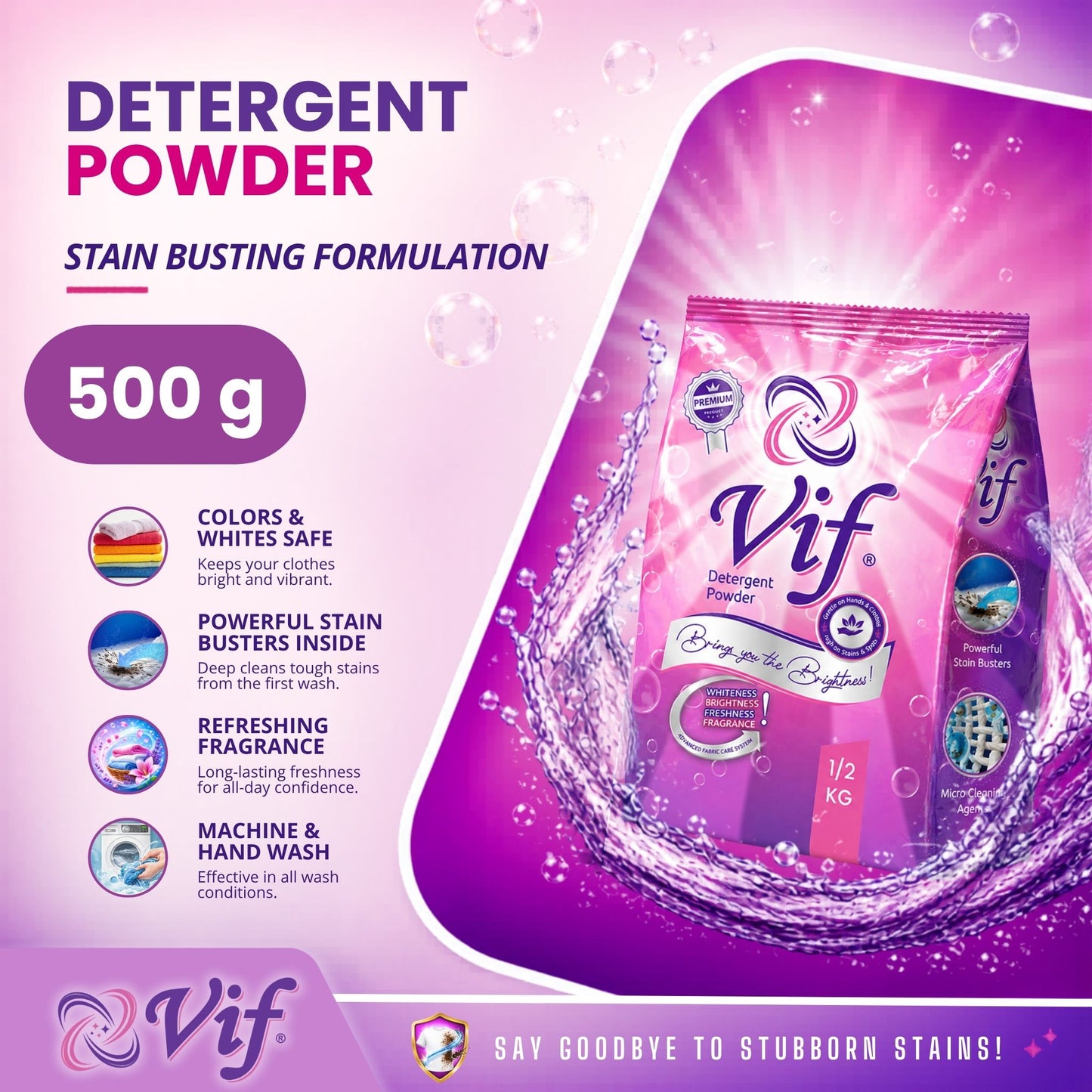 VIF Detergent Powder 500g pack with stain‑removal formula and bright pink‑purple packaging front view