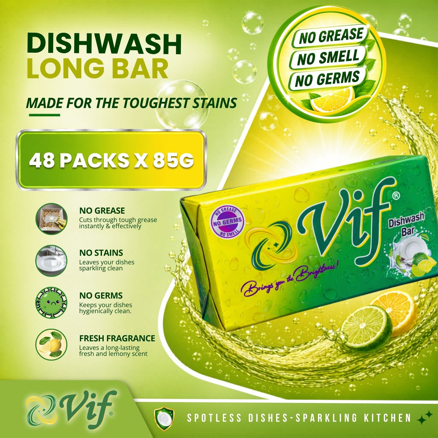 VIF Dishwash Bar 85g pack with lemon grease‑cutting formula and bright green‑yellow packaging front view
