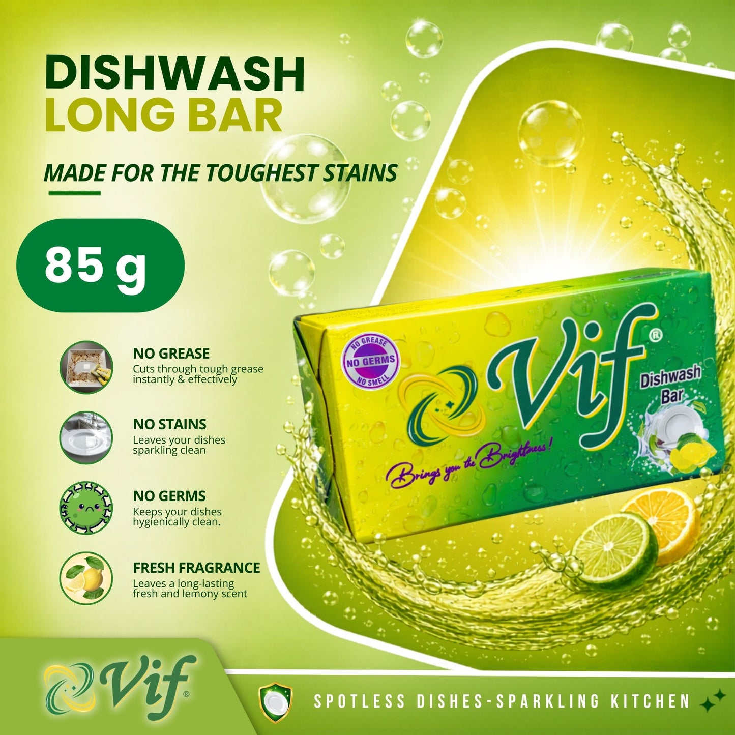 Vif Dishwashy Bar soap packaging shown on a bright green promotional background with text callouts, bubbles, and citrus slices. The package is yellow-green with large Vif branding and a purple circular seal.