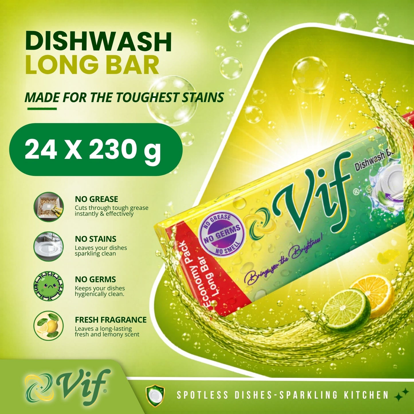 VIF Dishwash Long Bar 230g pack with lemon grease‑cutting formula and bright green‑yellow packaging front view