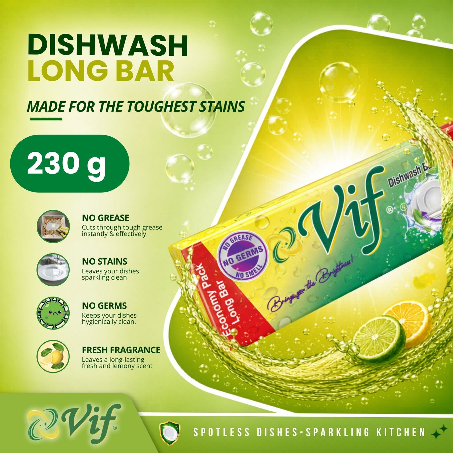 A promotional graphic for a Vif Dishwash Long Bar, showing the product packaging wrapped in a green and yellow splash design with lime slices, on a bright green background with text listing benefits like no grease, no stains, and fresh fragrance.