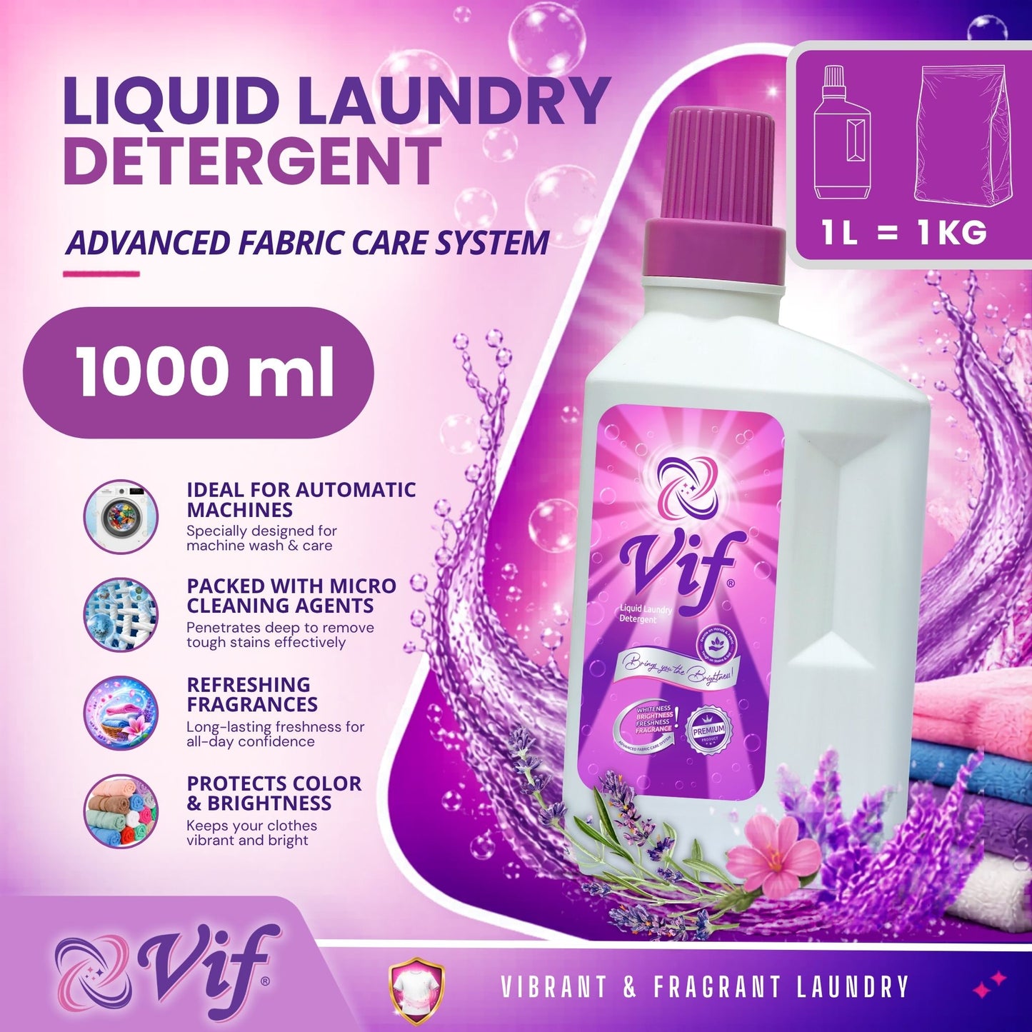 VIF Liquid Laundry Detergent 1L bottle with advanced fabric‑care formula and bright pink‑purple packaging front view.