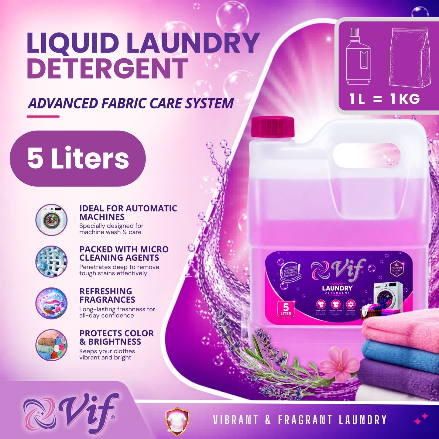 VIF Liquid Laundry Detergent 5L container with advanced fabric‑care formula and bright pink‑purple packaging front view