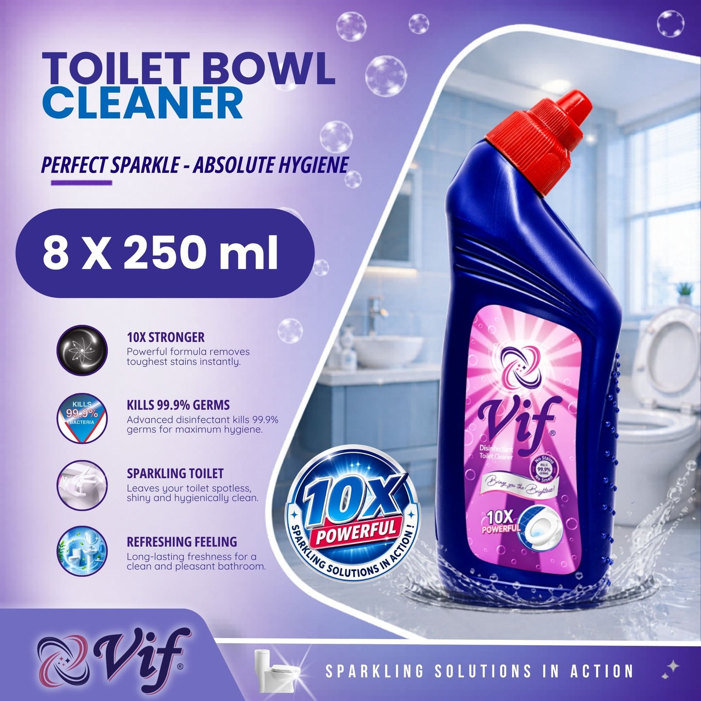 VIF Toilet Bowl Cleaner 250ml bottle with 10X powerful disinfectant formula and blue‑red packaging front view