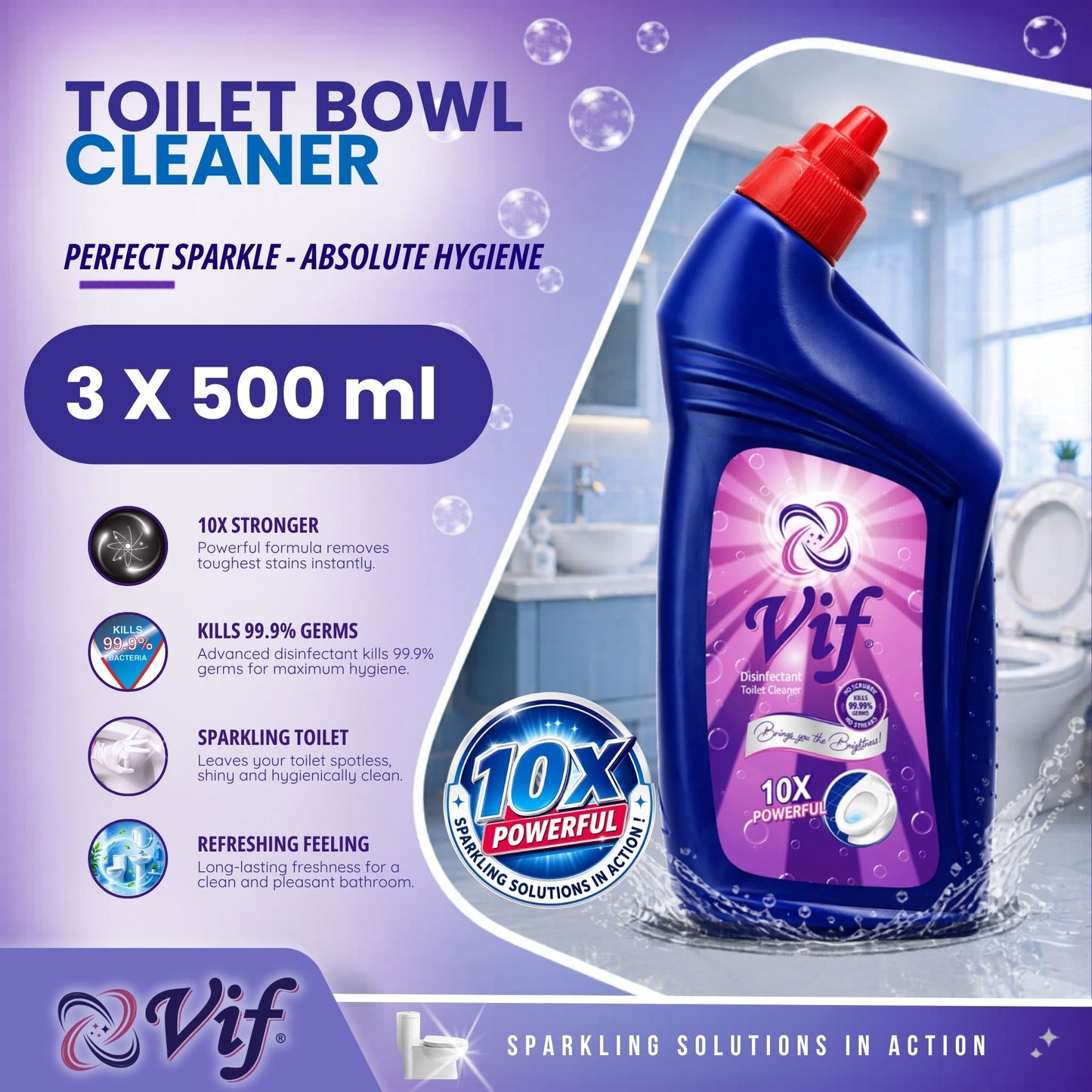 VIF Toilet Bowl Cleaner 500ml bottle with 10X powerful disinfectant formula and blue‑red packaging front view
