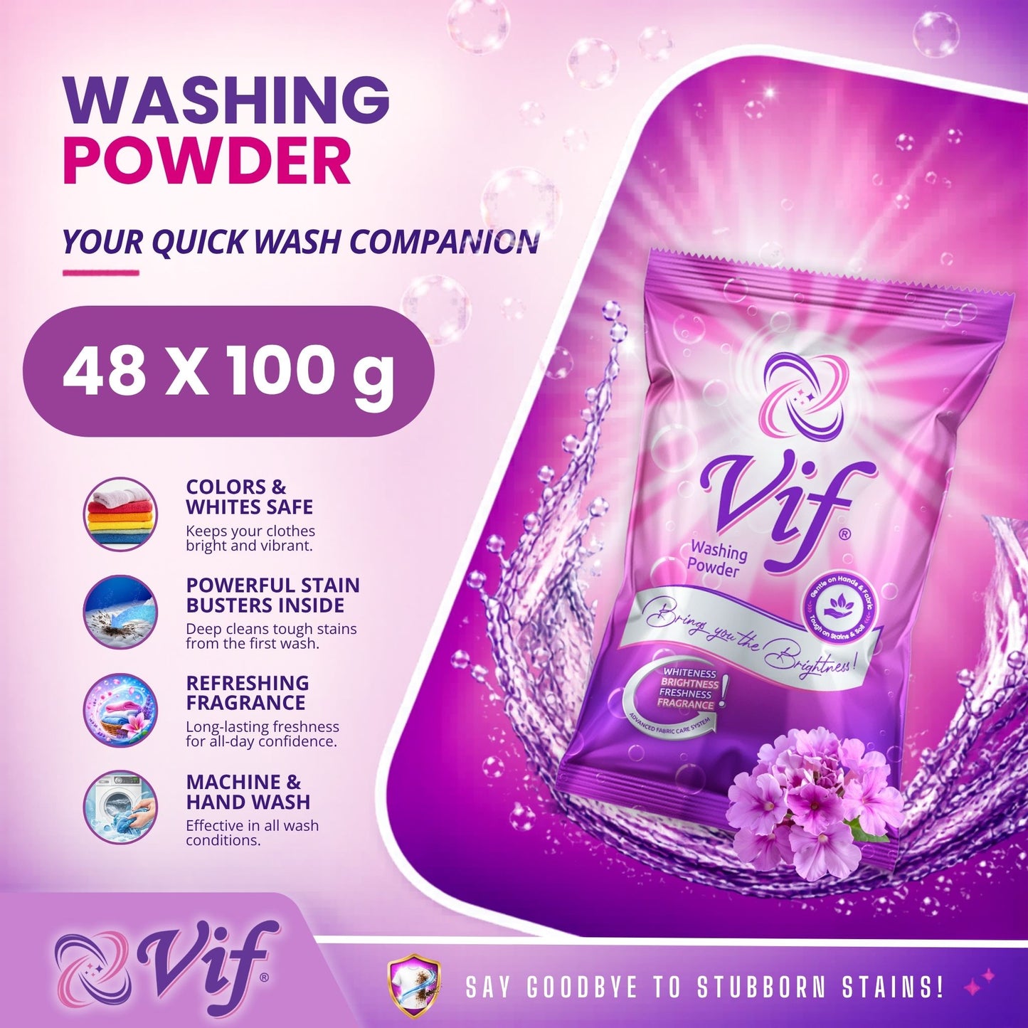VIF Washing Powder 100g pack with quick‑wash formula and bright pink‑purple packaging front view