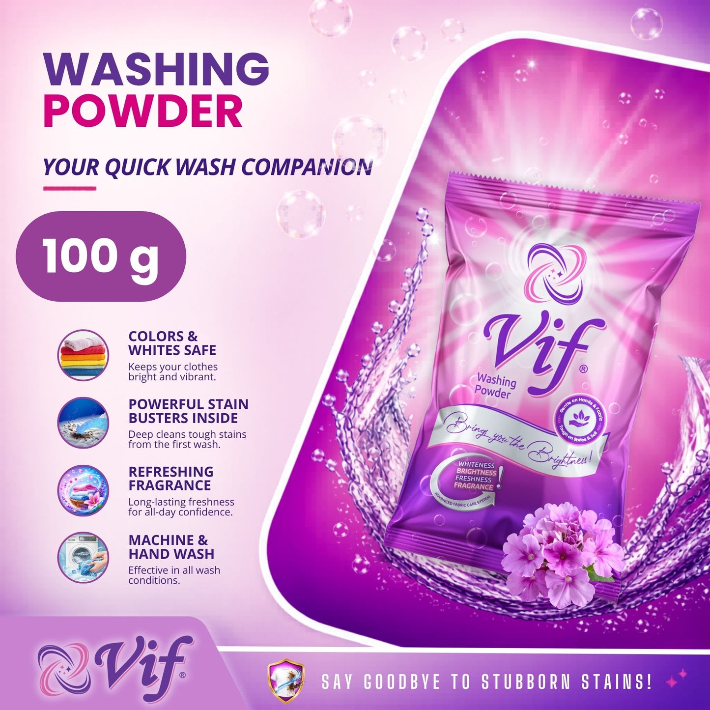 Vif Washing Powder 100g package on a pink and purple promotional background with text highlighting stain removal, colors safe, and machine hand wash compatibility.
