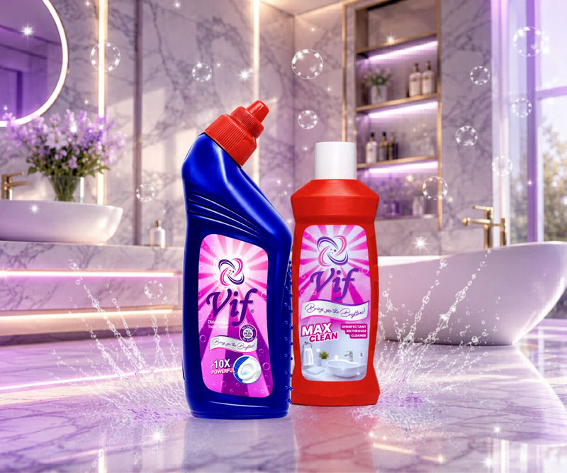 VIF 10X toilet cleaner and VIF Max Clean bathroom cleaner placed on a shiny marble bathroom floor with water splashes, bubbles, and a modern purple‑lit luxury bathroom background