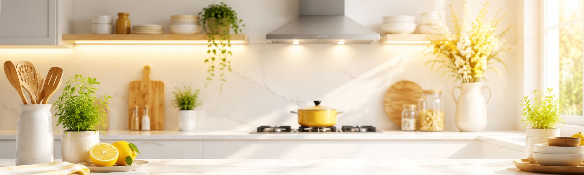 A bright, modern kitchen interior with white cabinetry, warm under-cabinet lighting, a yellow pot on the stove, and decorative plants and flowers throughout the space.
