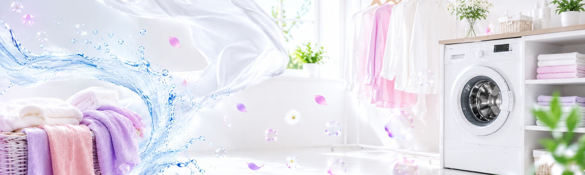 A bright laundry room scene with a white front-loading washing machine on the right, folded towels and hanging garments on the left, and a large blue water splash graphic overlay across the center.