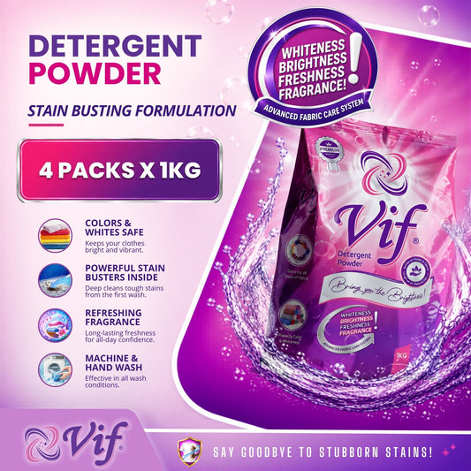VIF Detergent Powder 1kg pack with stain‑removal formula and bright pink‑purple packaging front view.