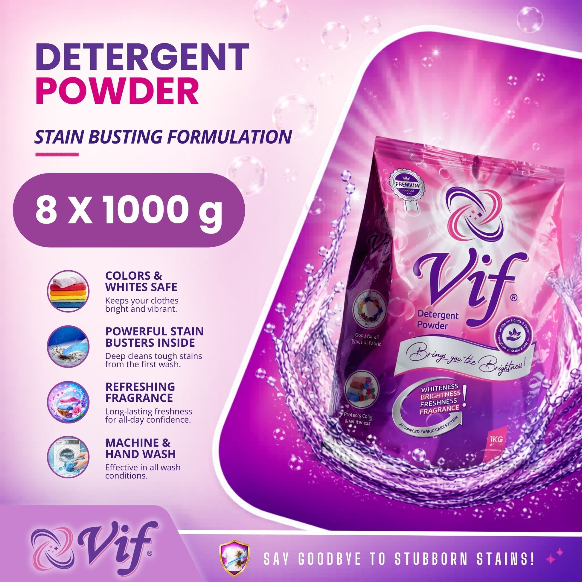 VIF Detergent Powder 1kg pack with stain‑removal formula and bright pink‑purple packaging front view.