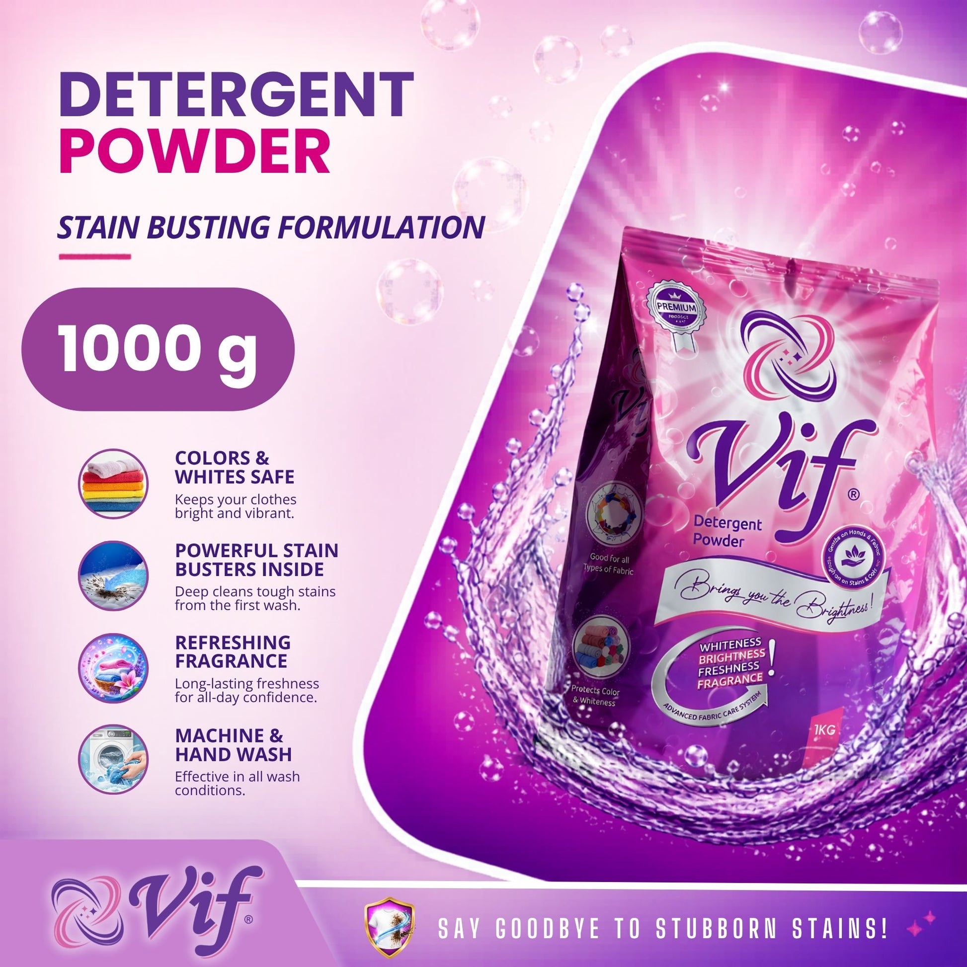 VIF Detergent Powder 1kg pack with stain‑removal formula and bright pink‑purple packaging front view.