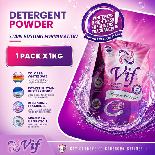 VIF Detergent Powder 1kg pack with stain‑removal formula and bright pink‑purple packaging front view.