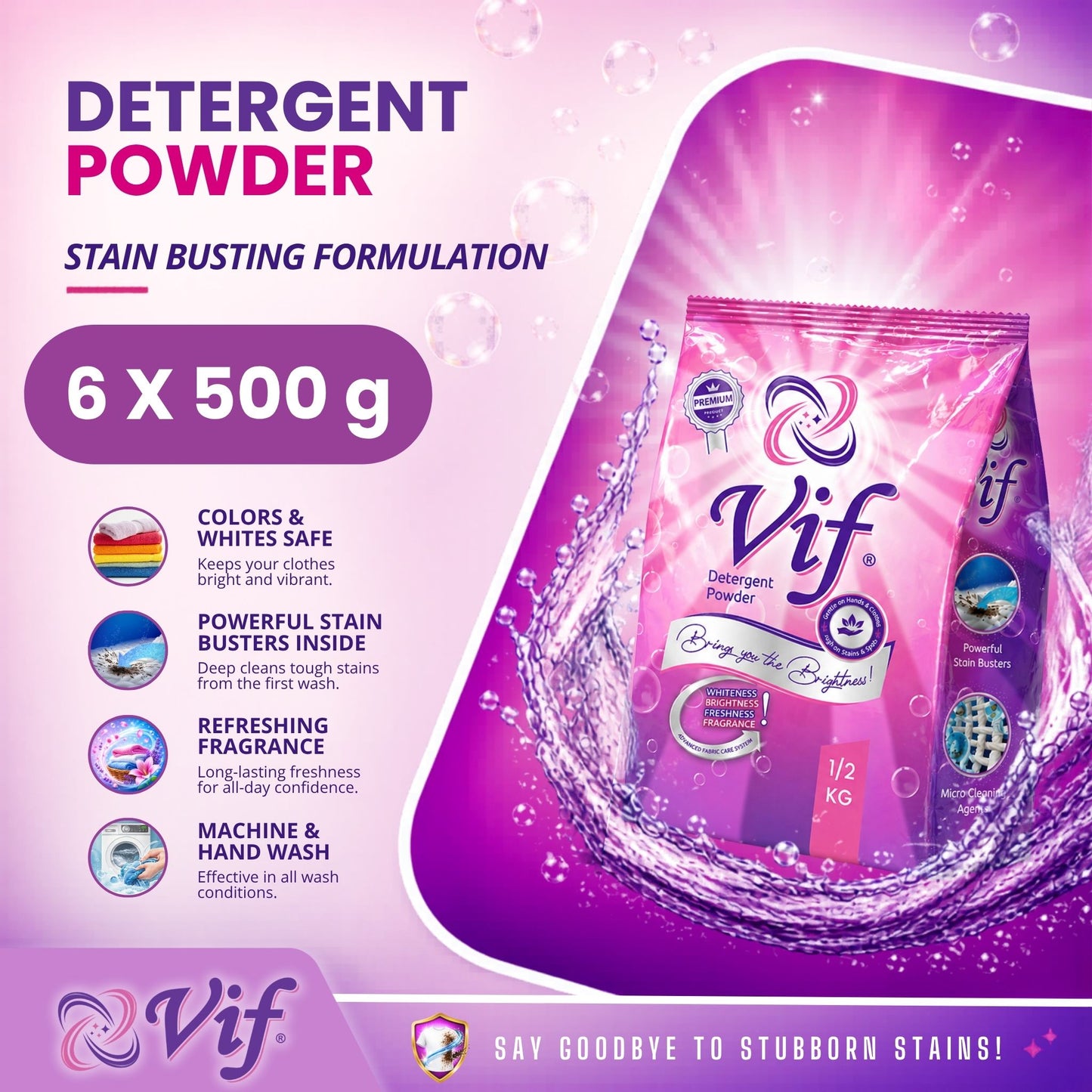 VIF Detergent Powder 500g pack with stain‑removal formula and bright pink‑purple packaging front view