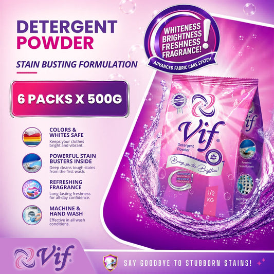 VIF Detergent Powder 500g pack with stain‑removal formula and bright pink‑purple packaging front view