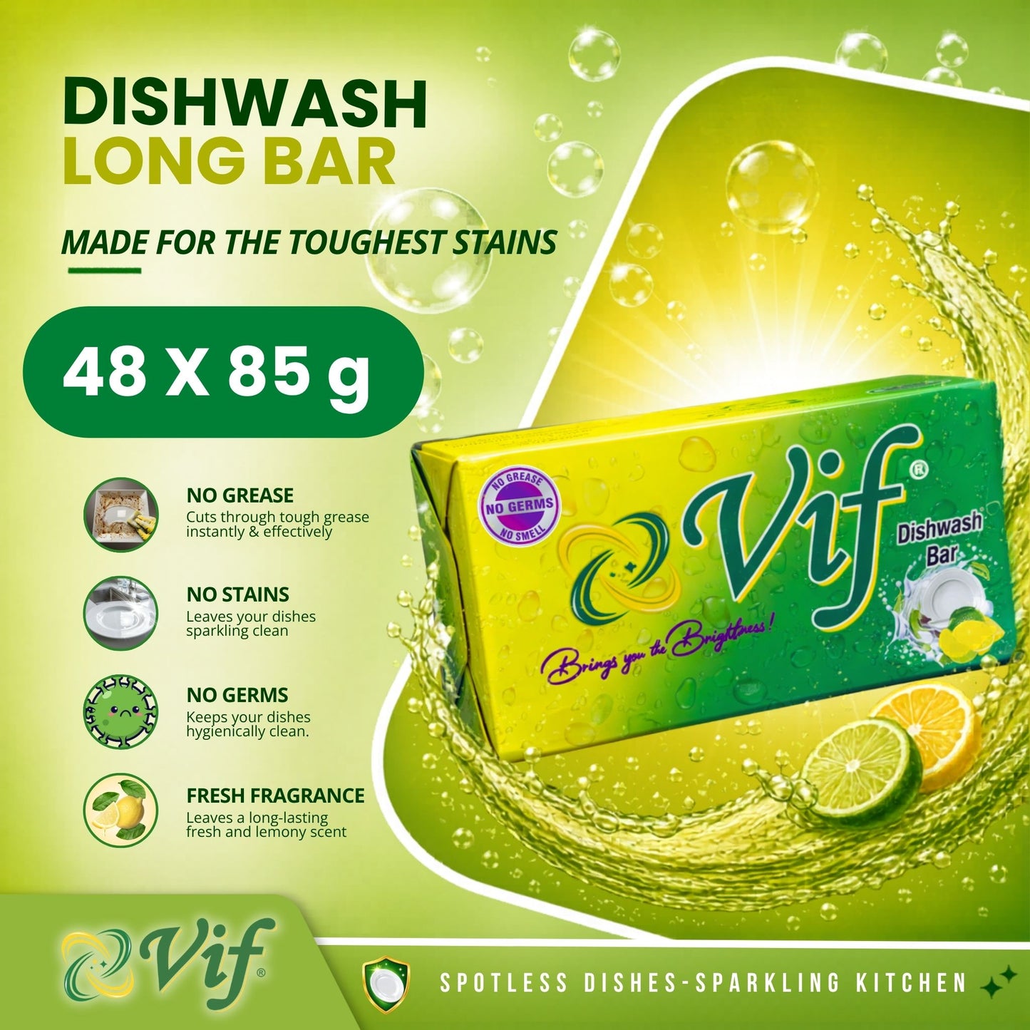 VIF Dishwash Bar 85g pack with lemon grease‑cutting formula and bright green‑yellow packaging front view