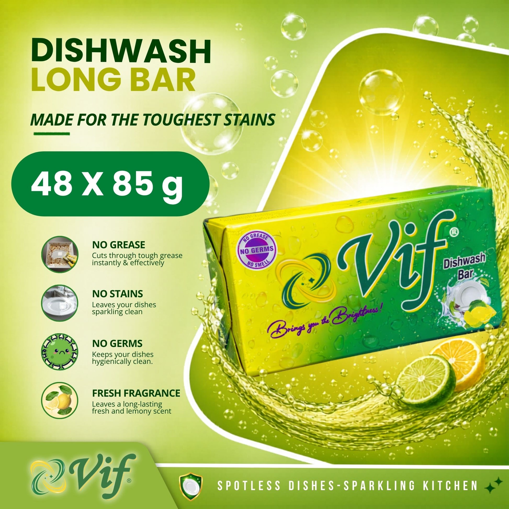 VIF Dishwash Bar 85g pack with lemon grease‑cutting formula and bright green‑yellow packaging front view
