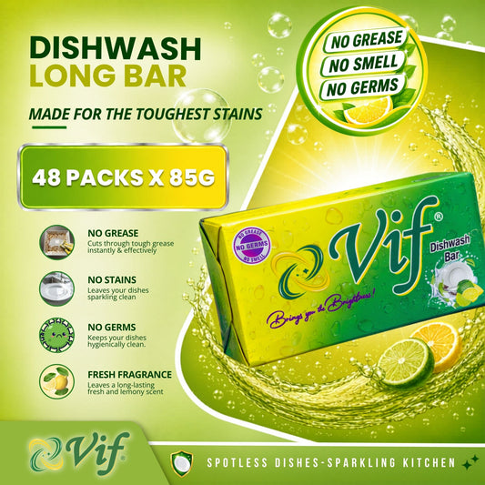 VIF Dishwash Bar 85g pack with lemon grease‑cutting formula and bright green‑yellow packaging front view