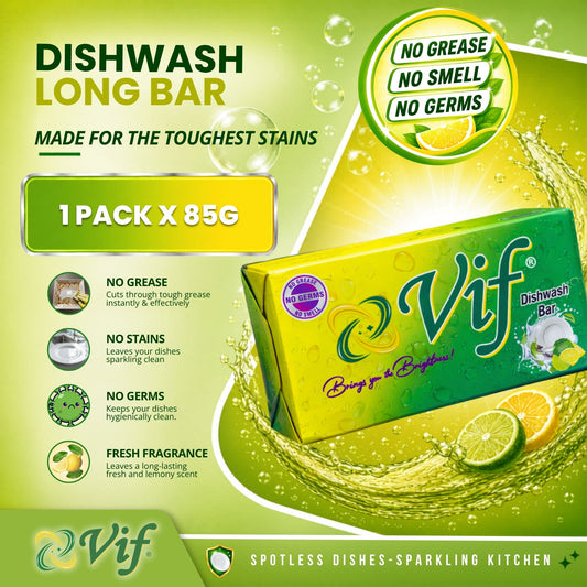 Vif Dishwashy Bar soap packaging shown on a bright green promotional background with text callouts, bubbles, and citrus slices. The package is yellow-green with large Vif branding and a purple circular seal.