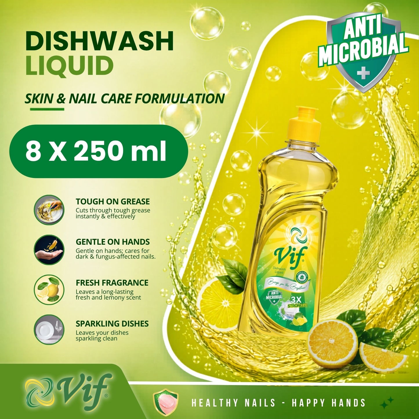 VIF Dishwash Liquid 250ml bottle with antimicrobial lemon formula and bright yellow‑green packaging front view