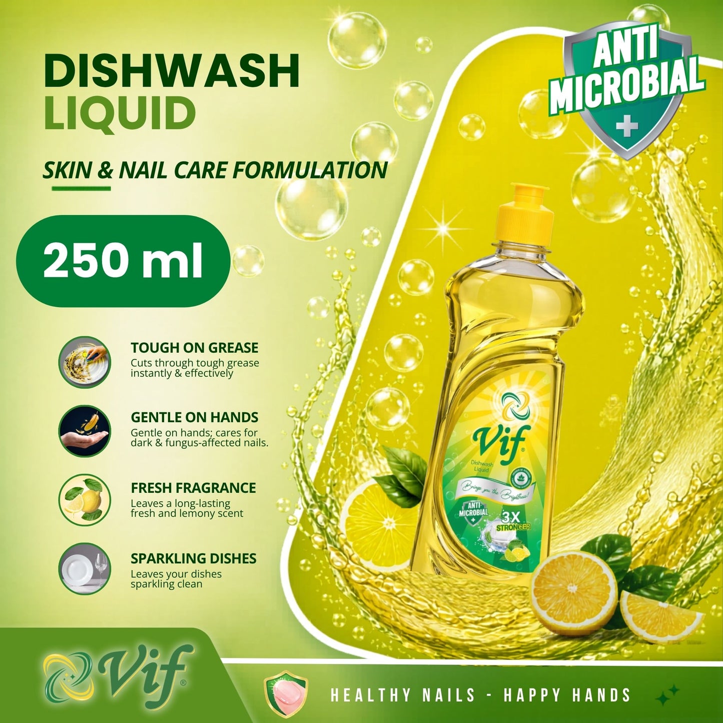 VIF Dishwash Liquid 250ml bottle with antimicrobial lemon formula and bright yellow‑green packaging front view