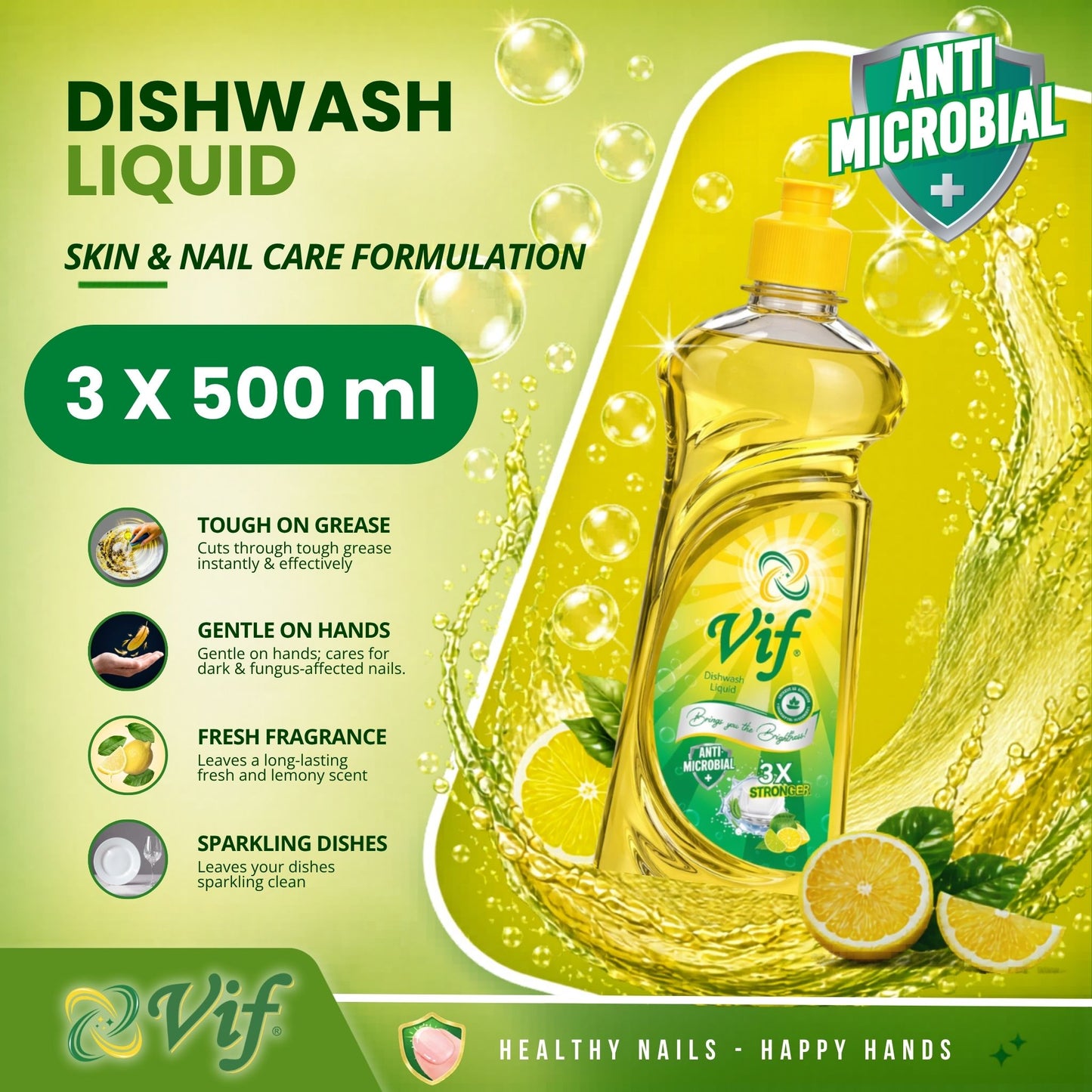 VIF Dishwash Liquid 500ml bottle with antimicrobial lemon formula and bright yellow‑green packaging front view