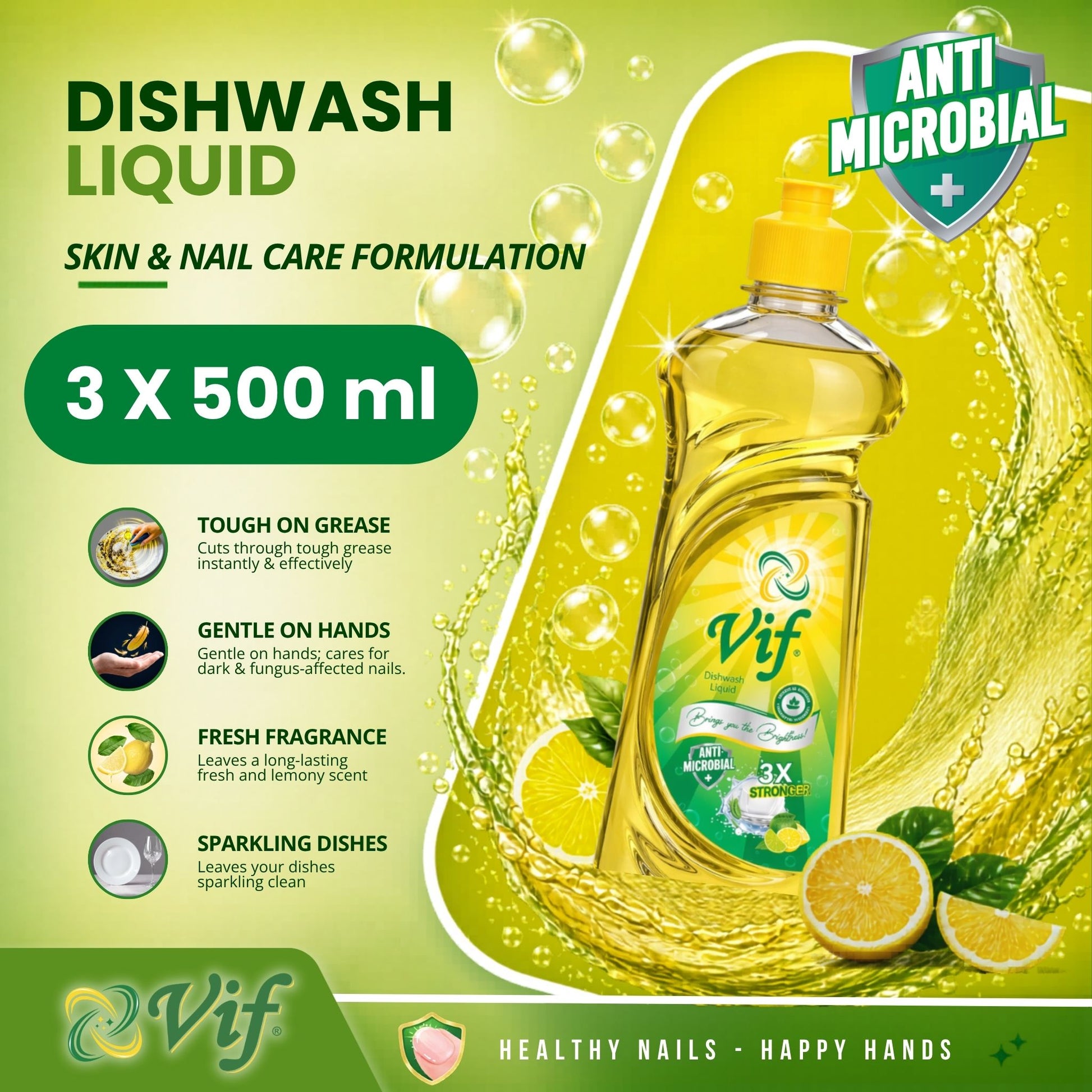 VIF Dishwash Liquid 500ml bottle with antimicrobial lemon formula and bright yellow‑green packaging front view