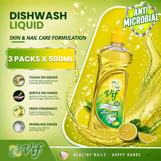 VIF Dishwash Liquid 500ml bottle with antimicrobial lemon formula and bright yellow‑green packaging front view