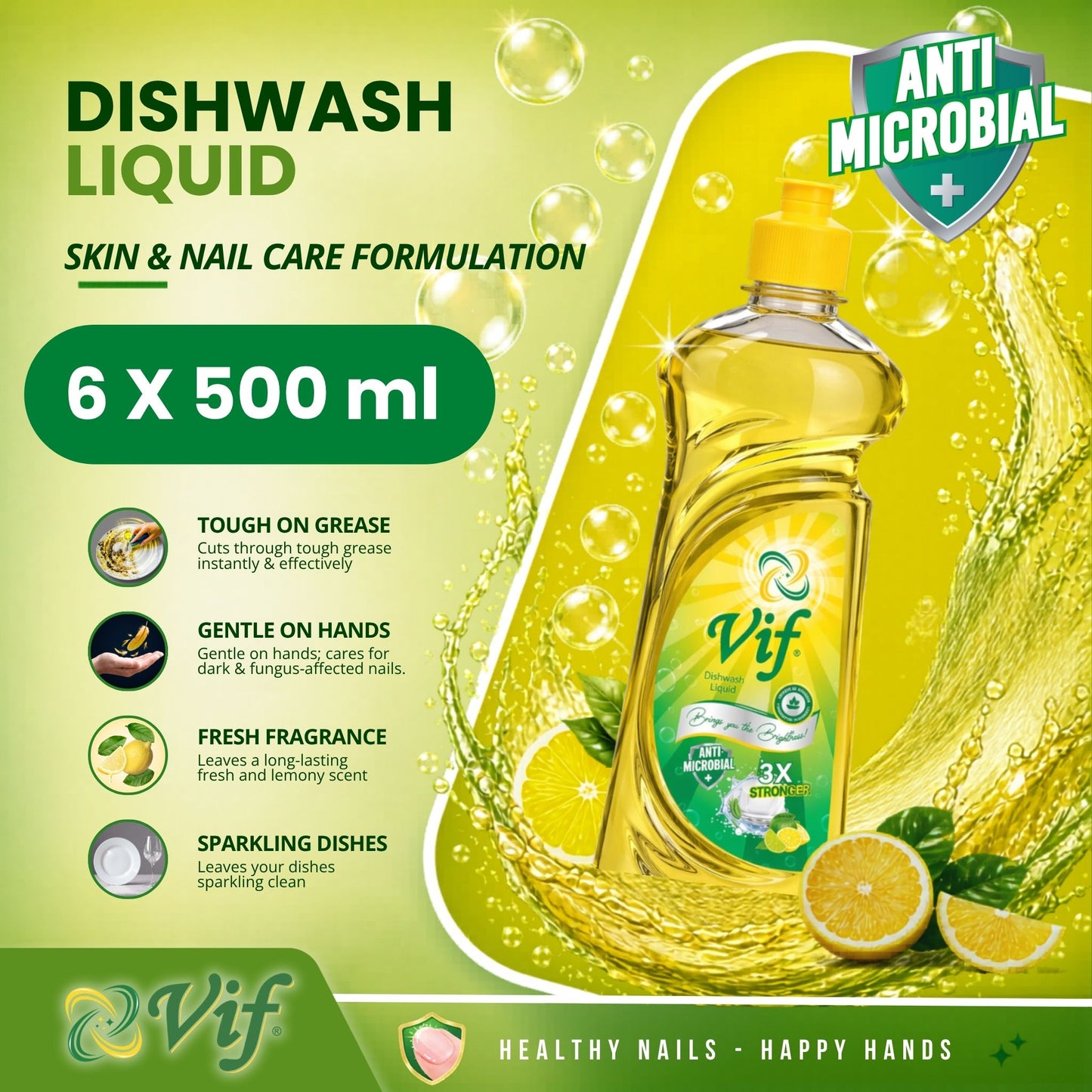 VIF Dishwash Liquid 500ml bottle with antimicrobial lemon formula and bright yellow‑green packaging front view