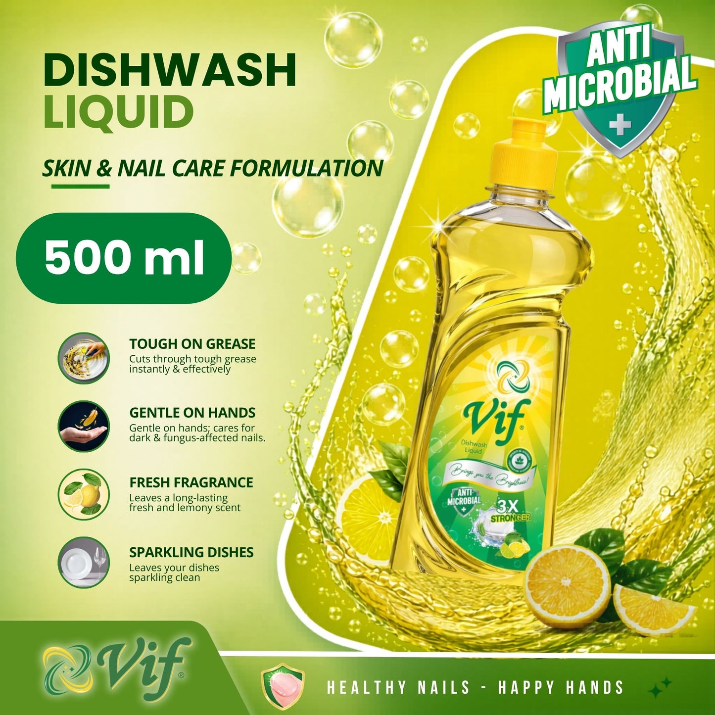 VIF Dishwash Liquid 500ml bottle with antimicrobial lemon formula and bright yellow‑green packaging front view