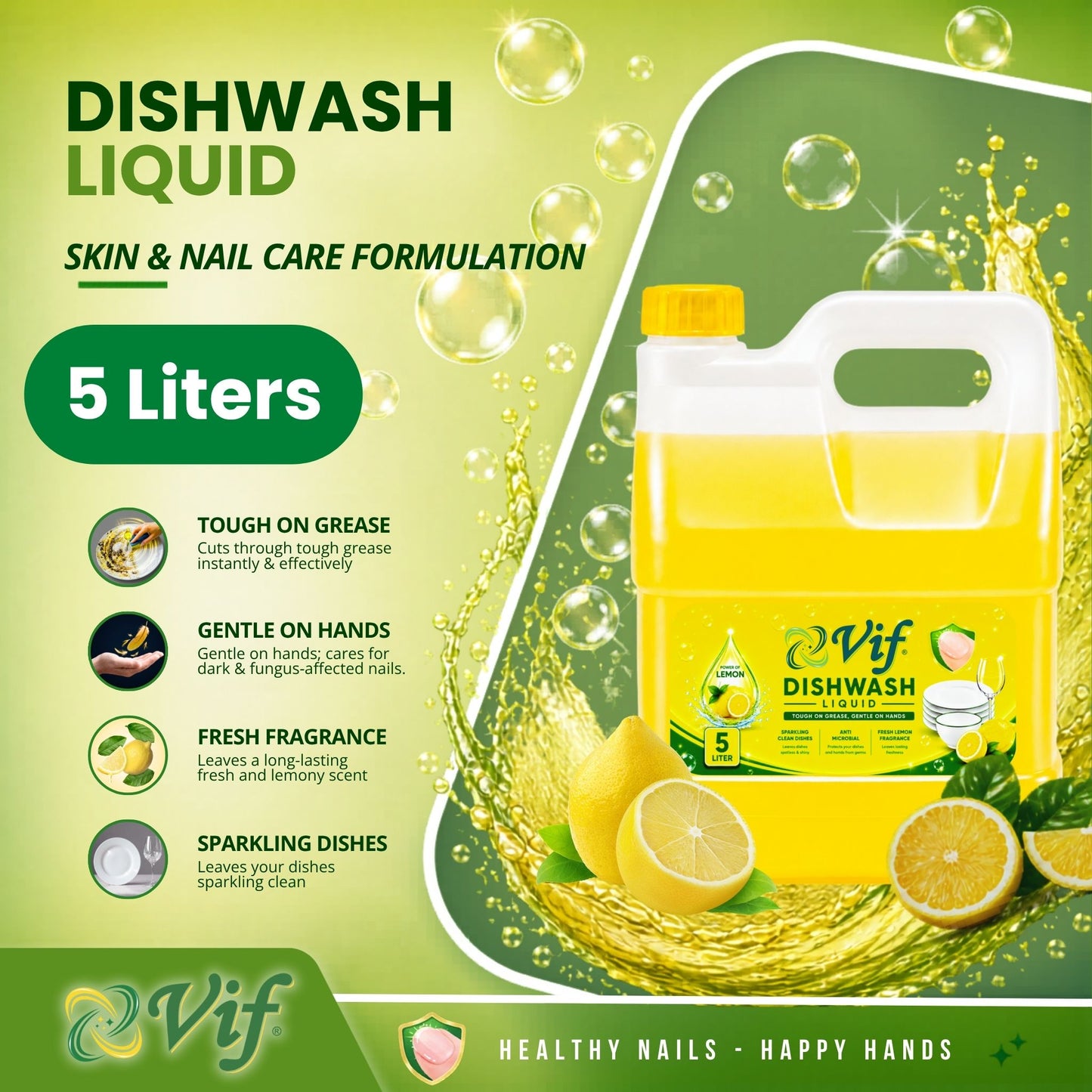 VIF Dishwash Liquid 5L container with antimicrobial lemon formula and bright yellow‑green packaging front view