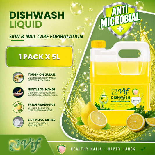 VIF Dishwash Liquid 5L container with antimicrobial lemon formula and bright yellow‑green packaging front view