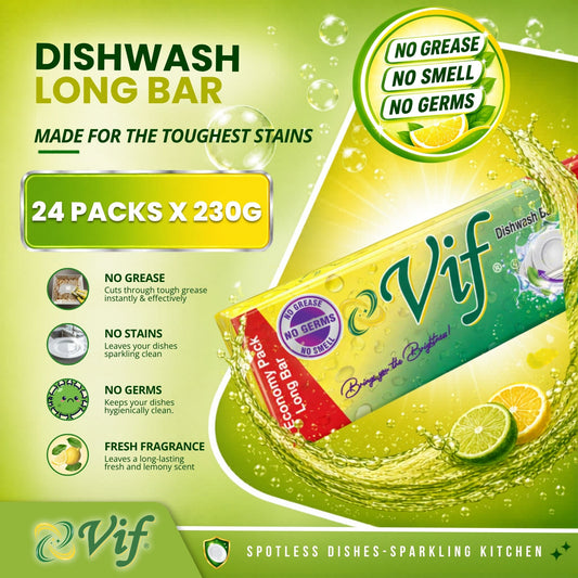 VIF Dishwash Long Bar 230g pack with lemon grease‑cutting formula and bright green‑yellow packaging front view