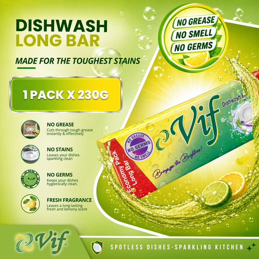 A promotional graphic for a Vif Dishwash Long Bar, showing the product packaging wrapped in a green and yellow splash design with lime slices, on a bright green background with text listing benefits like no grease, no stains, and fresh fragrance.