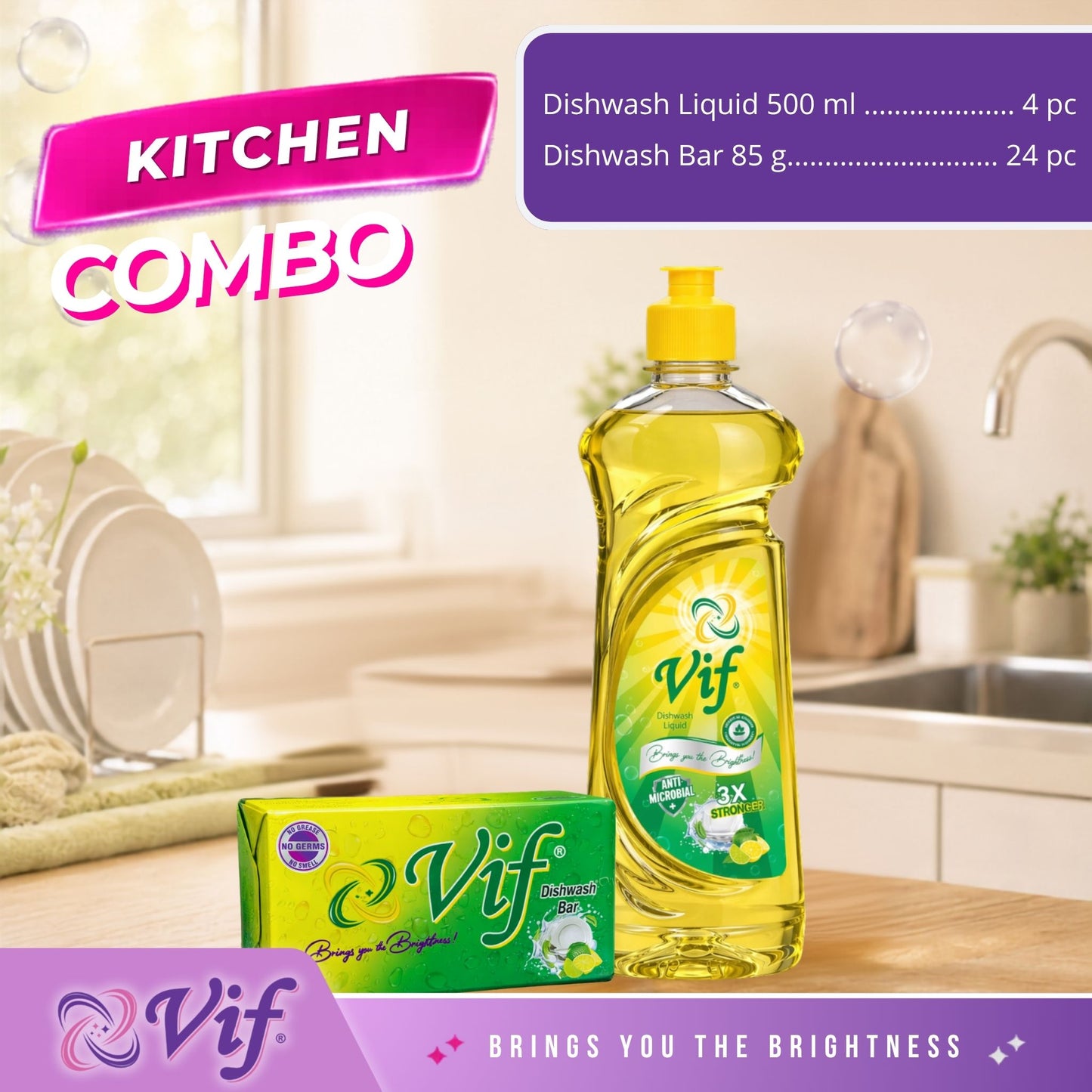 VIF Kitchen Combo with Dishwash Liquid 500ml bottle and Dishwash Bar 85g on kitchen counter.