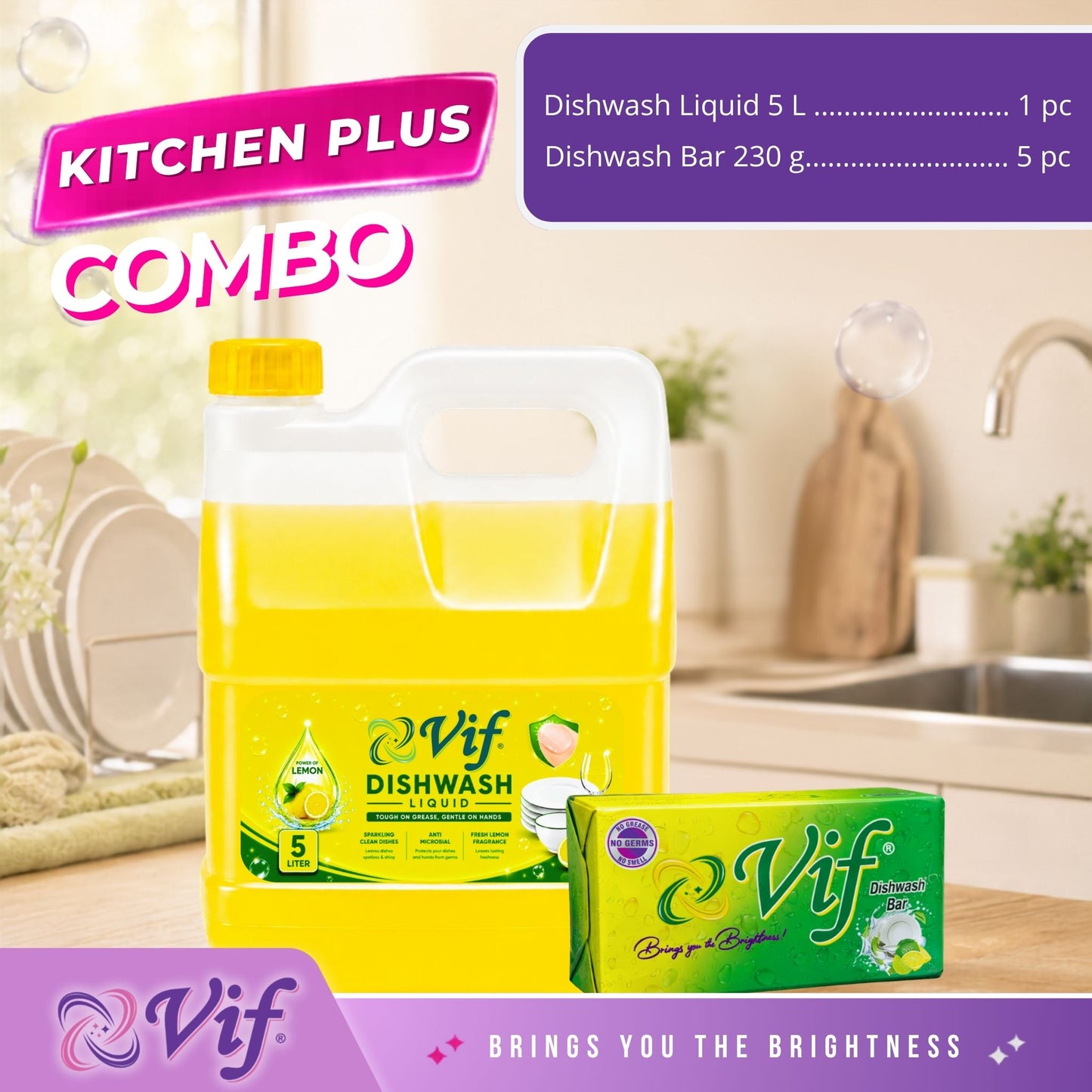 VIF Kitchen Plus Combo showing 5L Dishwash Liquid container and 230g Dishwash Bar on kitchen counter.