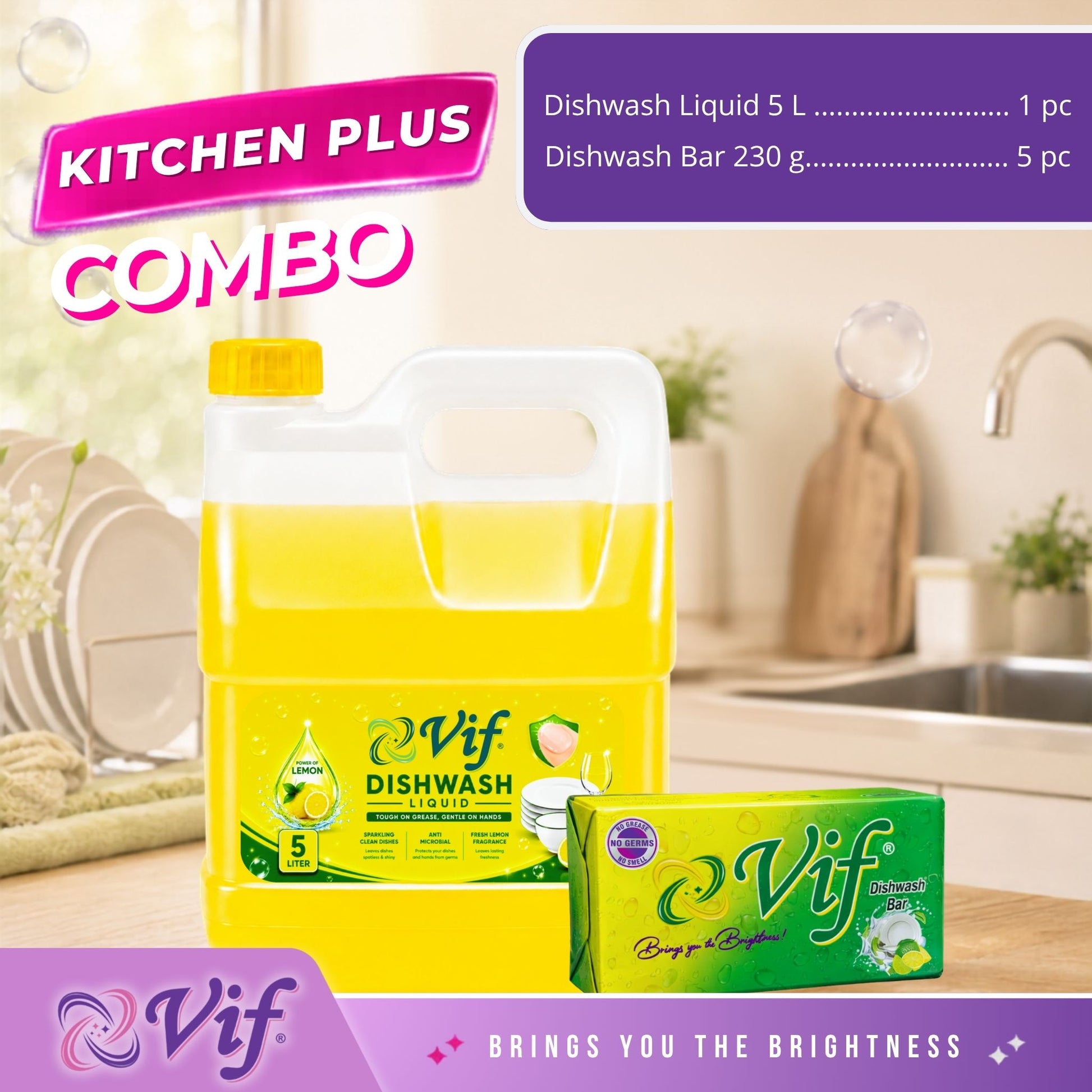 VIF Kitchen Plus Combo showing 5L Dishwash Liquid container and 230g Dishwash Bar on kitchen counter.