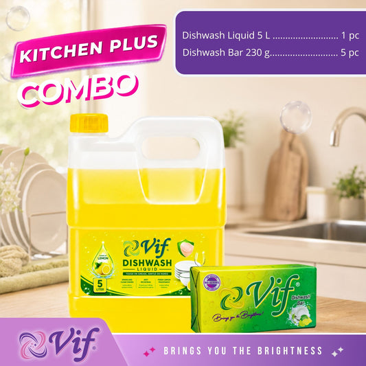 VIF Kitchen Plus Combo showing 5L Dishwash Liquid container and 230g Dishwash Bar on kitchen counter.