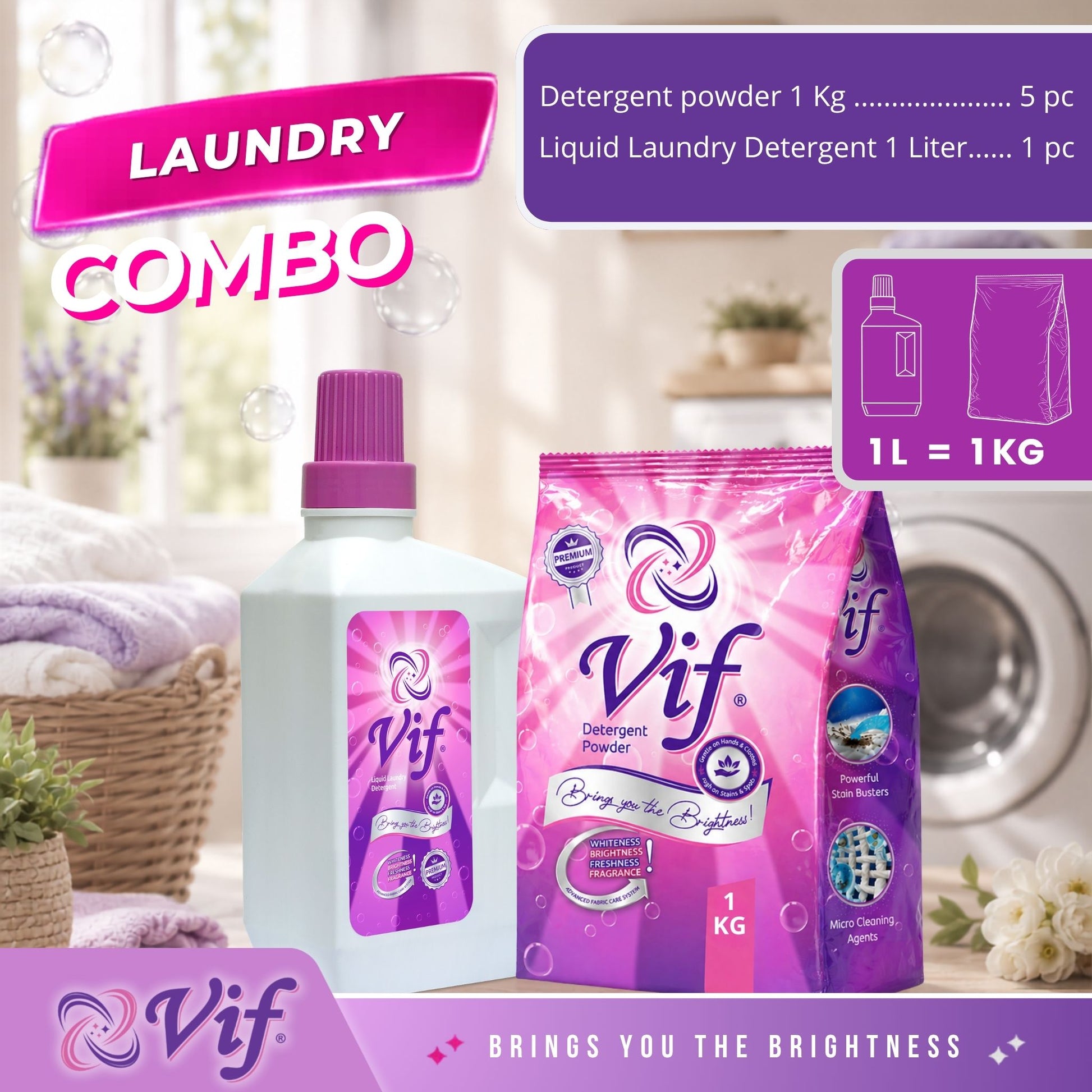 VIF Laundry Combo with 1kg Detergent Powder bag and 1L Liquid Laundry Detergent bottle in laundry room.