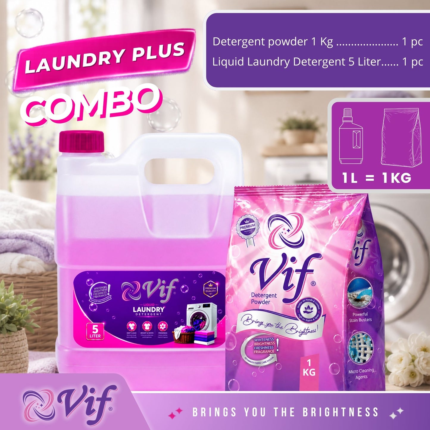 VIF Laundry Plus Combo showing 1kg Detergent Powder bag and 5L Liquid Laundry Detergent container in laundry room.
