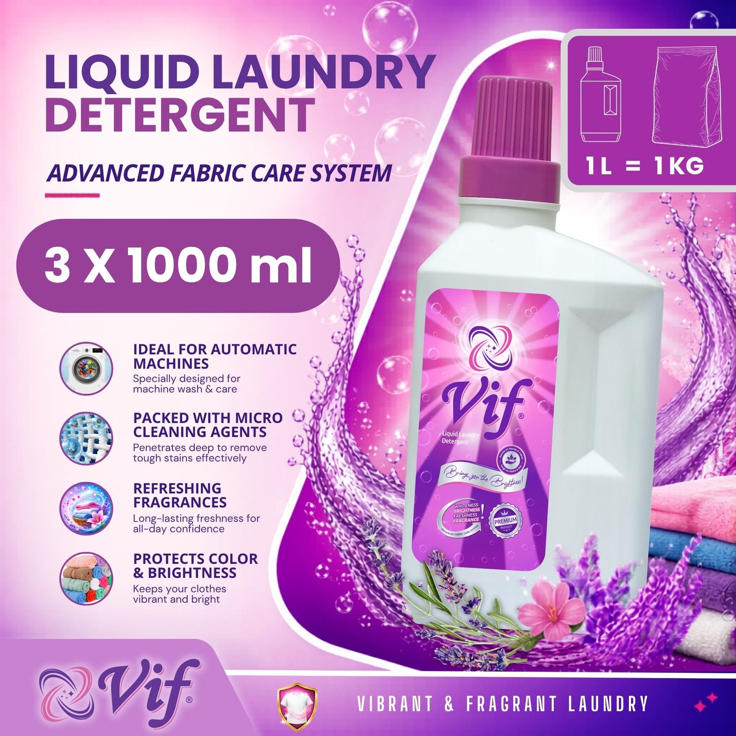 VIF Liquid Laundry Detergent 1L bottle with advanced fabric‑care formula and bright pink‑purple packaging front view.