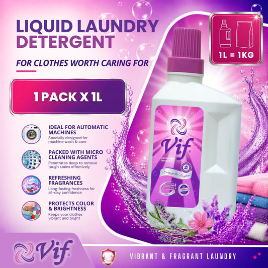 VIF Liquid Laundry Detergent 1L bottle with advanced fabric‑care formula and bright pink‑purple packaging front view.