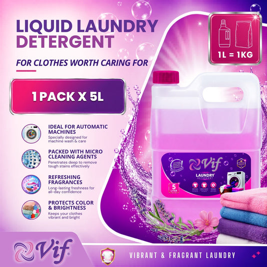 VIF Liquid Laundry Detergent 5L container with advanced fabric‑care formula and bright pink‑purple packaging front view