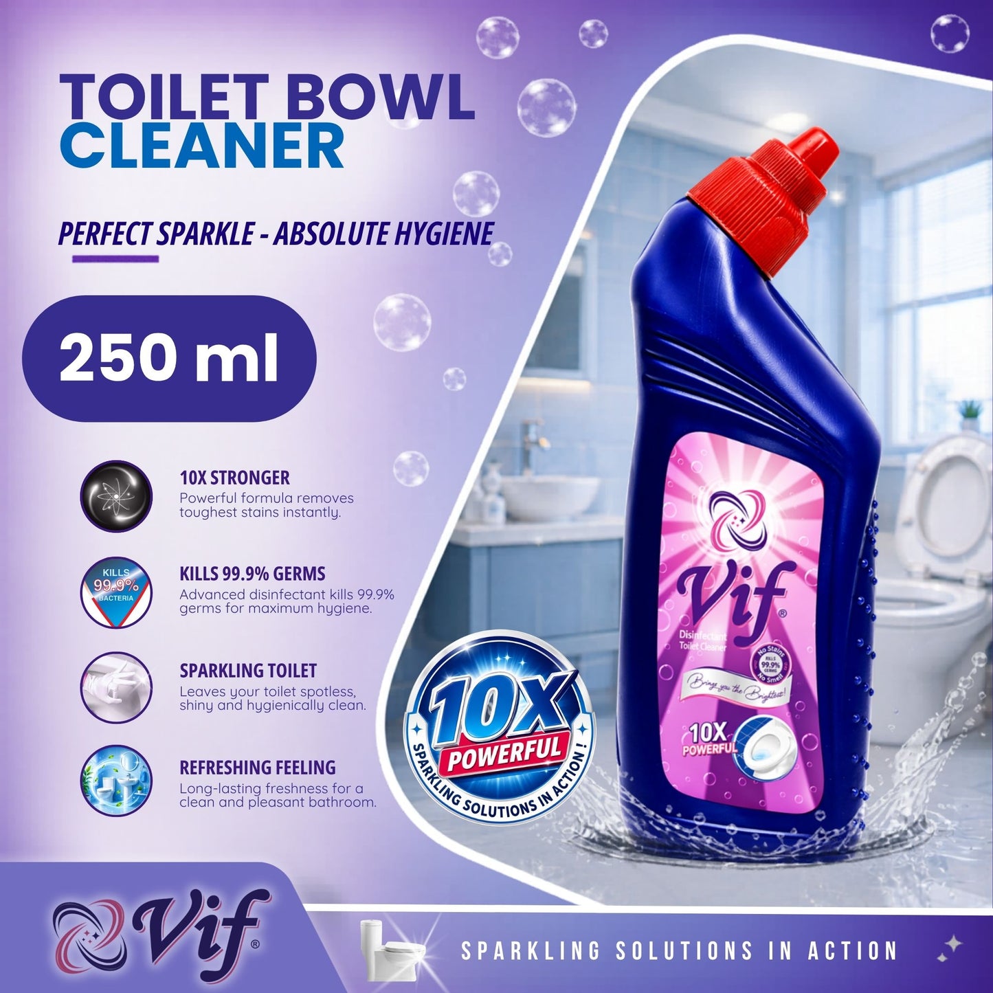VIF Toilet Bowl Cleaner 250ml bottle with 10X powerful disinfectant formula and blue‑red packaging front view