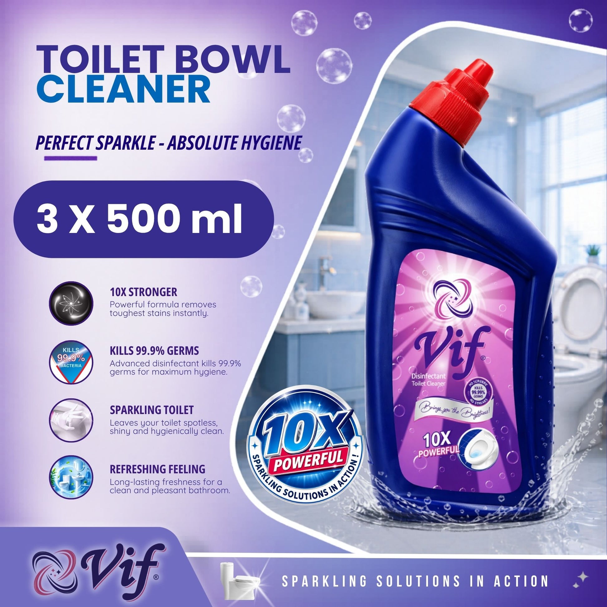 VIF Toilet Bowl Cleaner 500ml bottle with 10X powerful disinfectant formula and blue‑red packaging front view