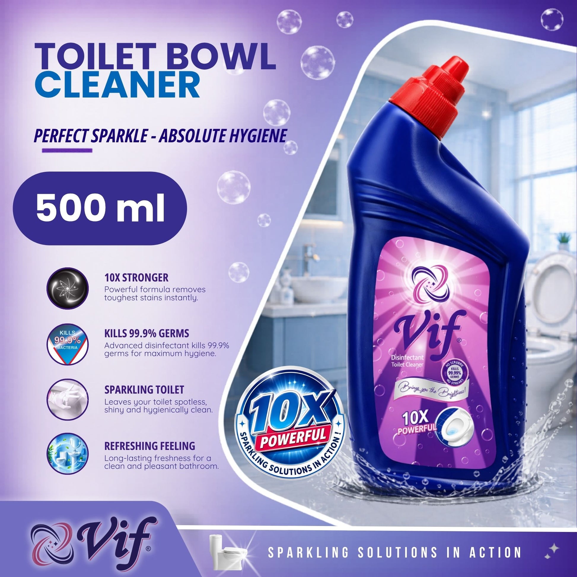 VIF Toilet Bowl Cleaner 500ml bottle with 10X powerful disinfectant formula and blue‑red packaging front view