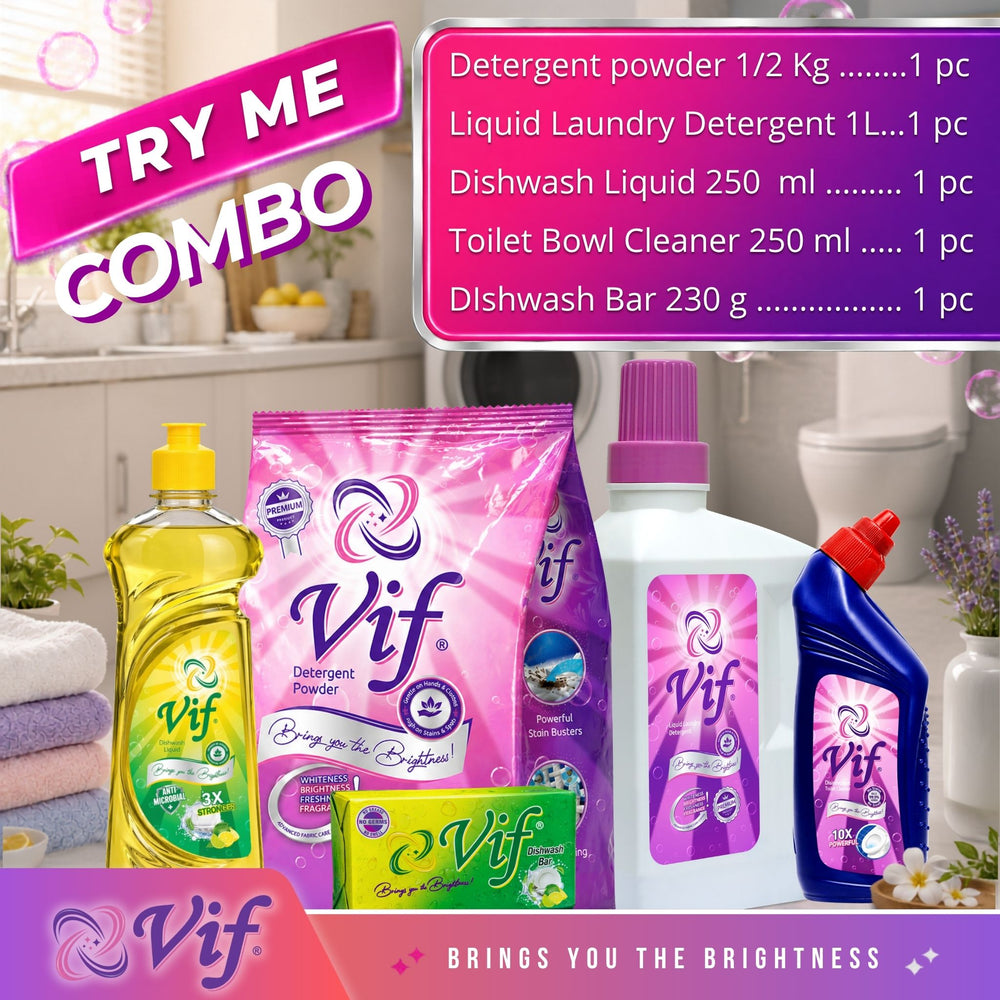 VIF Try Me Combo with detergent powder, liquid laundry detergent, dishwash liquid, toilet cleaner, and dishwash bar displayed together.