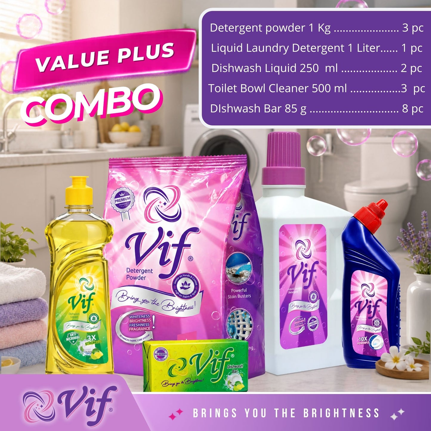 VIF Value Plus Combo showing detergent powder, liquid laundry detergent, dishwash liquid bottles, toilet bowl cleaners, and dishwash bars arranged together.